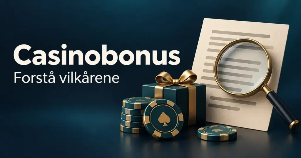 Illustrasjon av kasinosjetonger, en gaveeske og et forstørrelsesglass over bonusvilkår, med teksten «Casinobonus – Forstå vilkårene».