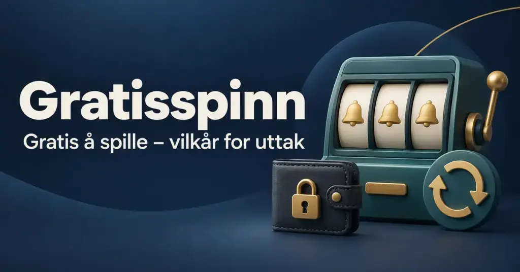 Illustrasjon av en spilleautomat, spinnpiler og en låst lommebok med teksten «Gratisspinn – Gratis å spille – vilkår for uttak».