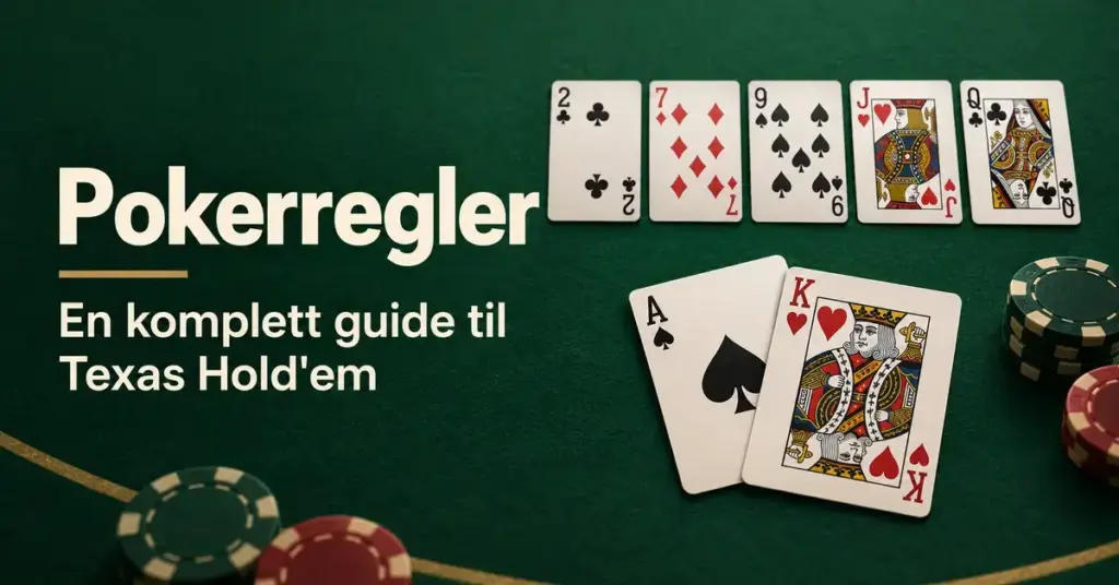 Illustrasjon av to håndkort, fem felleskort og sjetonger på et grønt pokerbord med teksten «Pokerregler – En komplett guide til Texas Hold'em».