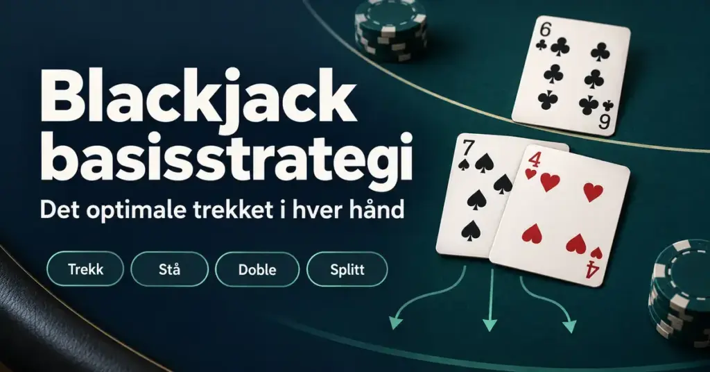 Illustrasjon av blackjackkort og sjetonger med tittelen «Blackjack basisstrategi» og valgene trekk, stå, doble og splitt.
