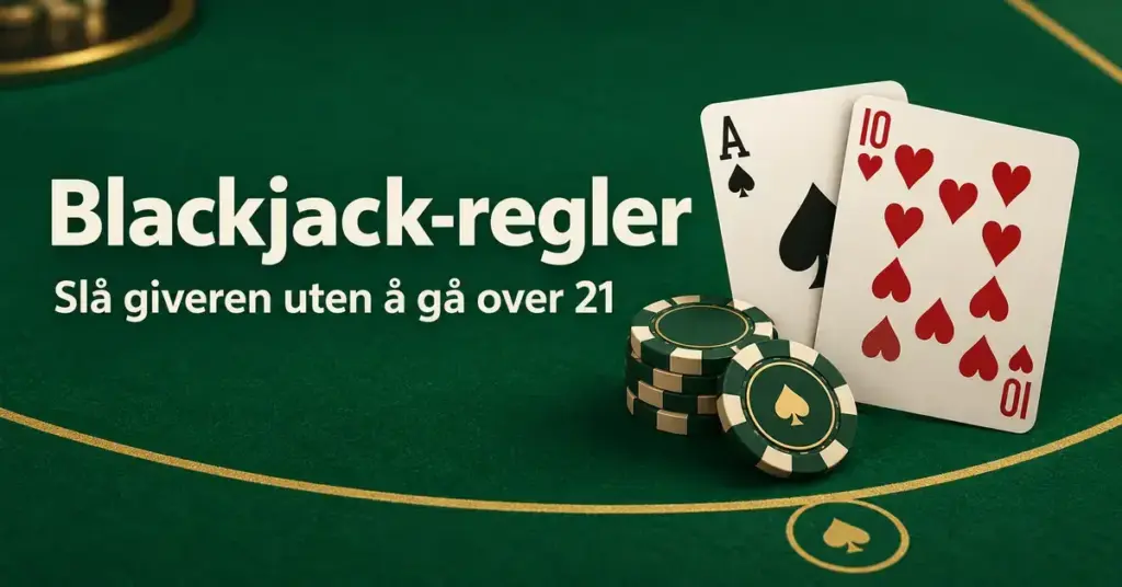 Spar ess og hjerter ti sammen med sjetonger på et grønt blackjackbord, med teksten «Blackjack-regler» og «Slå giveren uten å gå over 21».
