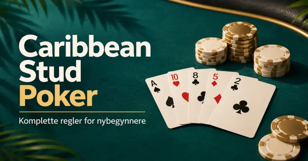 Fem spillekort og stabler med sjetonger på et mørkegrønt pokerbord med teksten «Caribbean Stud Poker – Komplette regler for nybegynnere».