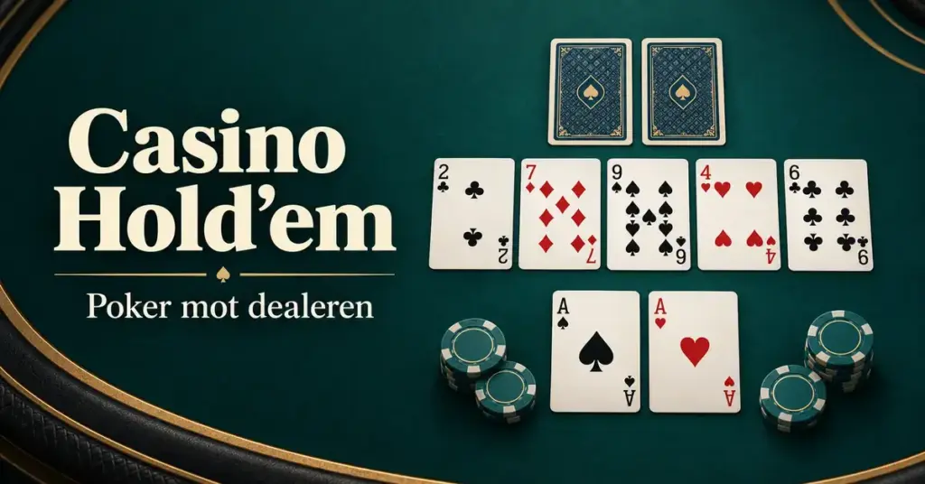 Illustrasjon av Casino Hold’em med fem felleskort, to ess, dealerens skjulte kort og sjetonger på et mørkegrønt bord.