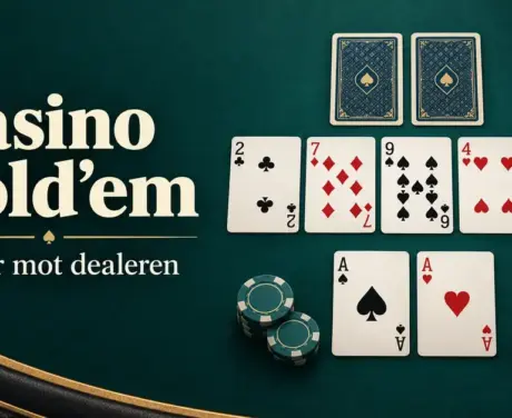 Illustrasjon av Casino Hold’em med fem felleskort, to ess, dealerens skjulte kort og sjetonger på et mørkegrønt bord.