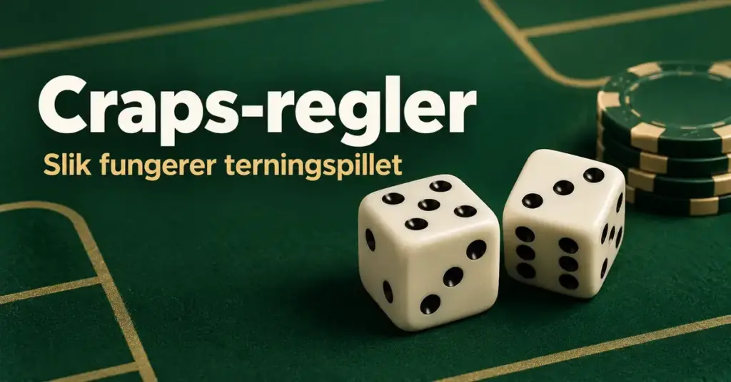 To terninger og en stabel sjetonger på et grønt casinobord med teksten «Craps-regler – Slik fungerer terningspillet».