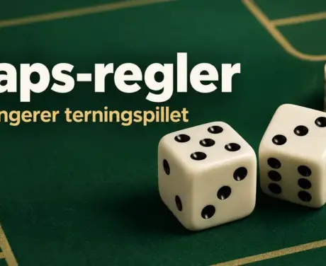 To terninger og en stabel sjetonger på et grønt casinobord med teksten «Craps-regler – Slik fungerer terningspillet».