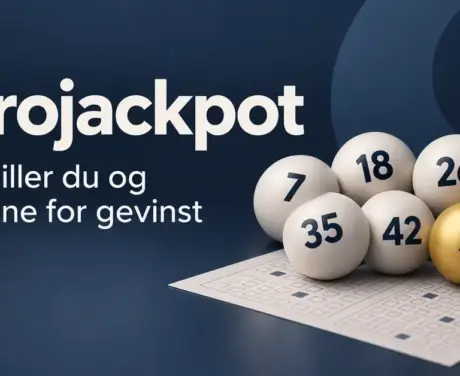 Illustrasjon av fem lyse og to gylne tallkuler på en lottokupong, med teksten «Eurojackpot – Slik spiller du og sjansene for gevinst» på mørk blå bakgrunn.