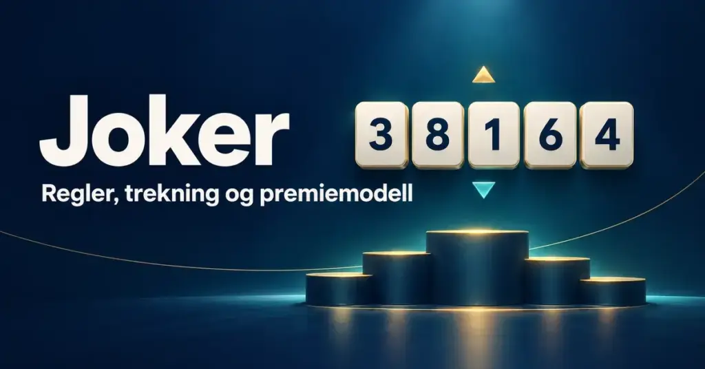 Illustrasjon av Joker med fem siffer, piler opp og ned og en premiepall, med teksten «Regler, trekning og premiemodell» på mørk blå bakgrunn.