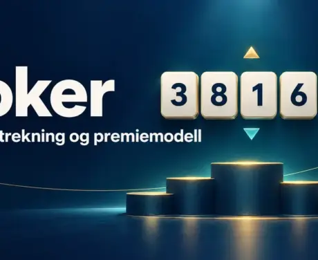 Illustrasjon av Joker med fem siffer, piler opp og ned og en premiepall, med teksten «Regler, trekning og premiemodell» på mørk blå bakgrunn.