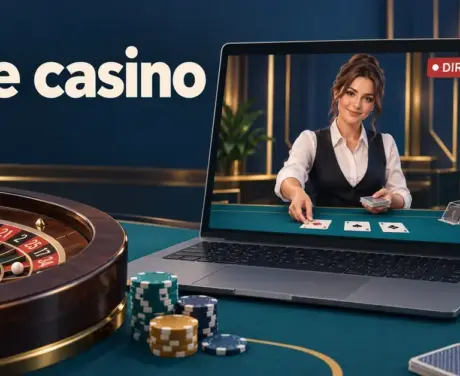 Illustrasjon av en direktesendt giver som deler kort på en bærbar PC, med videokamera, ruletthjul og sjetonger rundt.