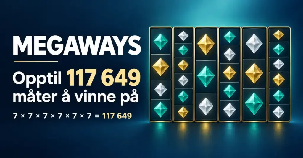 Illustrasjon av seks Megaways-hjul med ulikt antall symboler og regnestykket 7 × 7 × 7 × 7 × 7 × 7, som gir opptil 117 649 måter å vinne på.