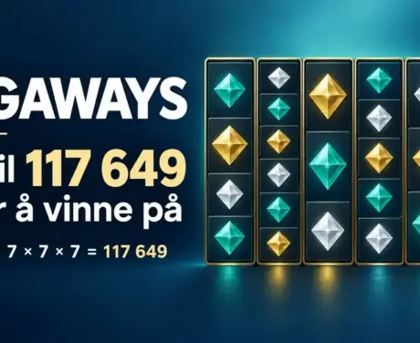Illustrasjon av seks Megaways-hjul med ulikt antall symboler og regnestykket 7 × 7 × 7 × 7 × 7 × 7, som gir opptil 117 649 måter å vinne på.
