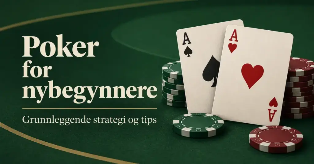 To ess og stabler med pokersjetonger på grønn bakgrunn med teksten «Poker for nybegynnere – Grunnleggende strategi og tips».