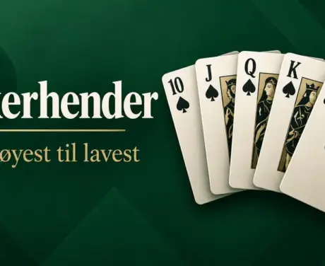 Fem spillkort viser en royal flush i spar på mørkegrønn bakgrunn ved siden av teksten «Pokerhender – Fra høyest til lavest».