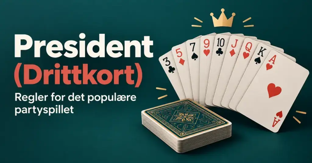 Spillkort, en kortstokk og en gullkrone på mørk turkis bakgrunn med teksten «President (Drittkort) – Regler for det populære partyspillet».