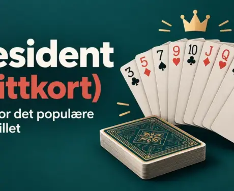Spillkort, en kortstokk og en gullkrone på mørk turkis bakgrunn med teksten «President (Drittkort) – Regler for det populære partyspillet».