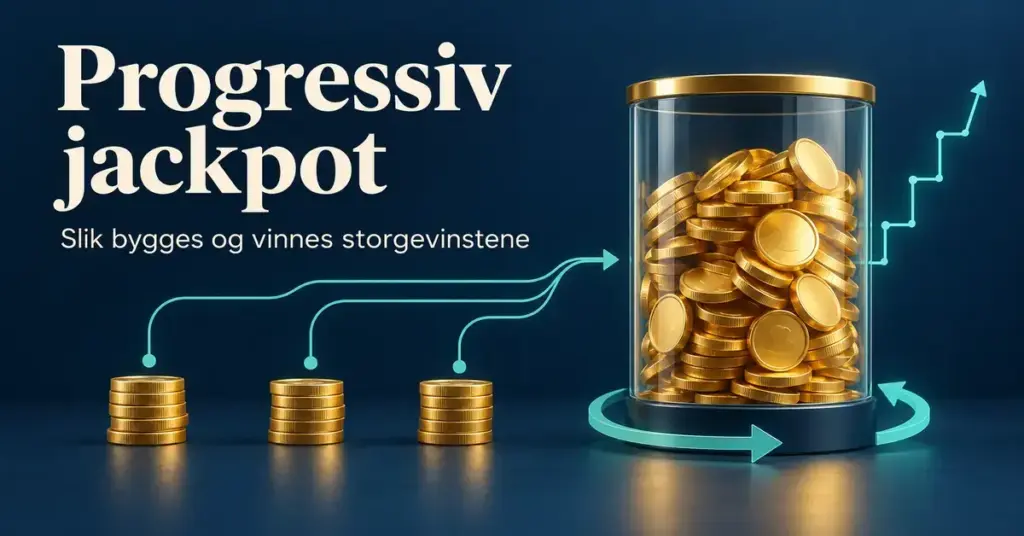 Illustrasjon av en progressiv jackpot der små myntstabler bidrar til en felles gevinstpott, med piler som viser vekst og omstart.
