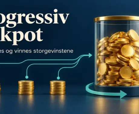 Illustrasjon av en progressiv jackpot der små myntstabler bidrar til en felles gevinstpott, med piler som viser vekst og omstart.