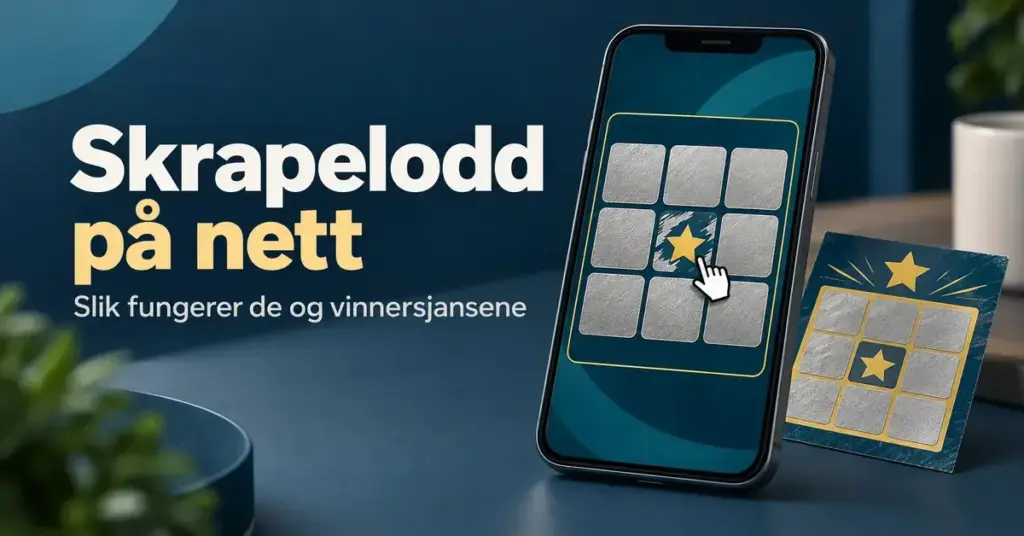 Illustrasjon av et digitalt skrapelodd på en mobiltelefon ved siden av et papirlodd, med teksten «Skrapelodd på nett – Slik fungerer de og vinnersjansene».