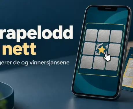 Illustrasjon av et digitalt skrapelodd på en mobiltelefon ved siden av et papirlodd, med teksten «Skrapelodd på nett – Slik fungerer de og vinnersjansene».