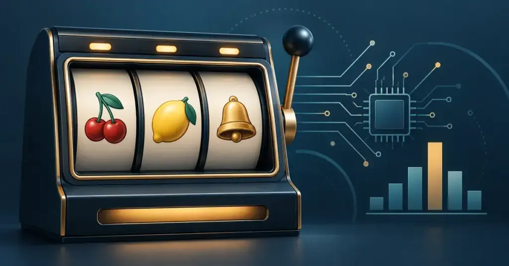 Illustrasjon av en spilleautomat med kirsebær, sitron og bjelle på hjulene, ved siden av en databrikke og et søylediagram som viser til teknologien og sannsynligheten bak spillet.