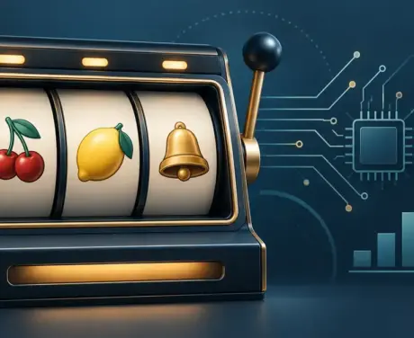 Illustrasjon av en spilleautomat med kirsebær, sitron og bjelle på hjulene, ved siden av en databrikke og et søylediagram som viser til teknologien og sannsynligheten bak spillet.