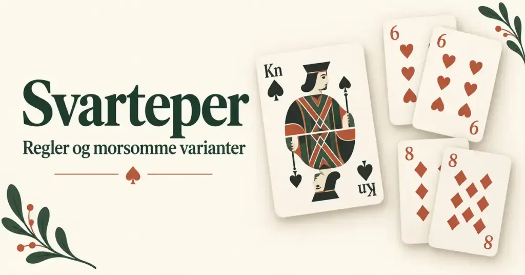 Illustrasjon av spar knekt ved siden av kortpar i hjerter og ruter, med teksten «Svarteper – Regler og morsomme varianter».