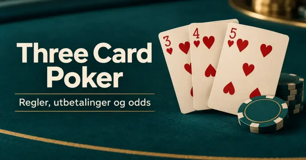 Tre hjerterkort og kasinosjetonger på et mørkegrønt bord med teksten «Three Card Poker – Regler, utbetalinger og odds».