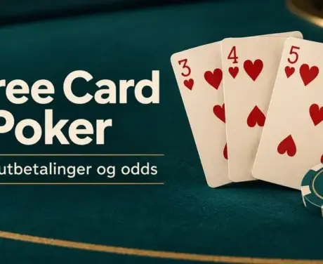 Tre hjerterkort og kasinosjetonger på et mørkegrønt bord med teksten «Three Card Poker – Regler, utbetalinger og odds».