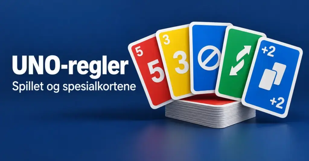 Fargerike tallkort og spesialkort på mørkeblå bakgrunn med teksten «UNO-regler – Spillet og spesialkortene».