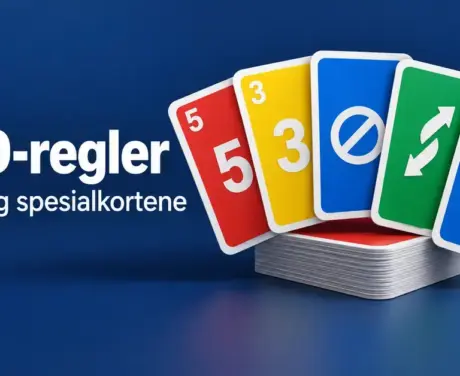 Fargerike tallkort og spesialkort på mørkeblå bakgrunn med teksten «UNO-regler – Spillet og spesialkortene».