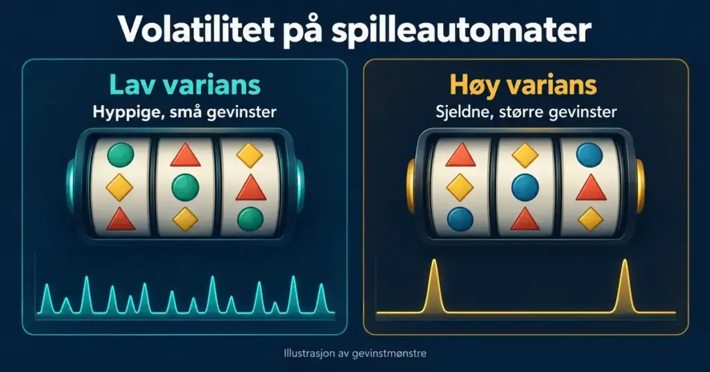 Illustrasjon av spilleautomater med lav og høy varians, der kurver viser hyppige, små gevinster sammenlignet med sjeldne, større gevinster.