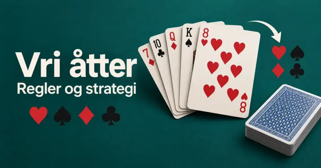 Illustrasjon av vri åtter med hjerter åtte foran en vifte av spillkort, en kortstokk og teksten «Vri åtter – Regler og strategi» på mørkegrønn bakgrunn.
