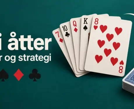 Illustrasjon av vri åtter med hjerter åtte foran en vifte av spillkort, en kortstokk og teksten «Vri åtter – Regler og strategi» på mørkegrønn bakgrunn.